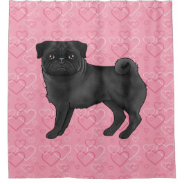 Zwarte Pug Hond Cartoon moppen Roze Liefde Hart Pa Douchegordijn