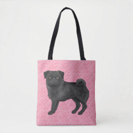 Zwarte Pug Hond Cartoon moppen Roze Liefde Hart Pa Tote Bag