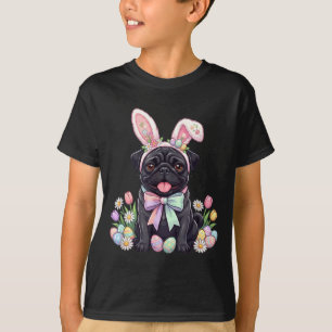 Zwarte pug hond paashaas eieren cute lente bloem t-shirt