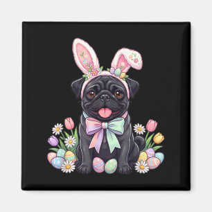 Zwarte pug hond paashaas eieren cute lente bloemen magneet