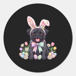 Zwarte pug hond paashaas eieren cute lente bloemen ronde sticker