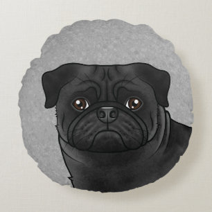 Zwarte Pug Hond Schattige Cartoon Hondenkop Close- Rond Kussen
