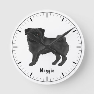 Zwarte Pug Hond Schattige Cartoon Illustratie Met Ronde Klok