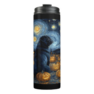 Zwarte Pug hond van gogh sterren nacht halloween F Thermosbeker