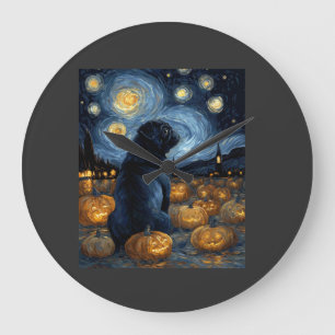 Zwarte Pug-hond van Gogh sterrenhemel Halloween F Grote Klok