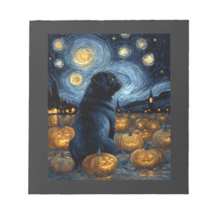 Zwarte Pug hond van gogh sterrenhemel halloween F Notitieblok