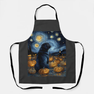 Zwarte Pug hond van gogh sterrenhemel halloween F Schort