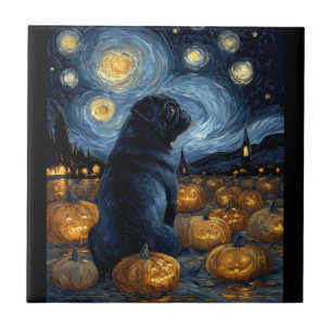 Zwarte Pug-hond van gogh sterrenhemel halloween F Tegeltje
