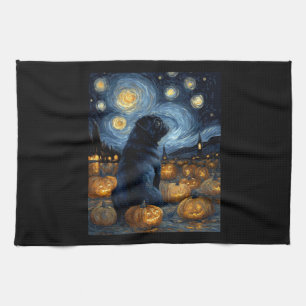 Zwarte Pug-hond van Gogh sterrenhemel Halloween F Theedoek