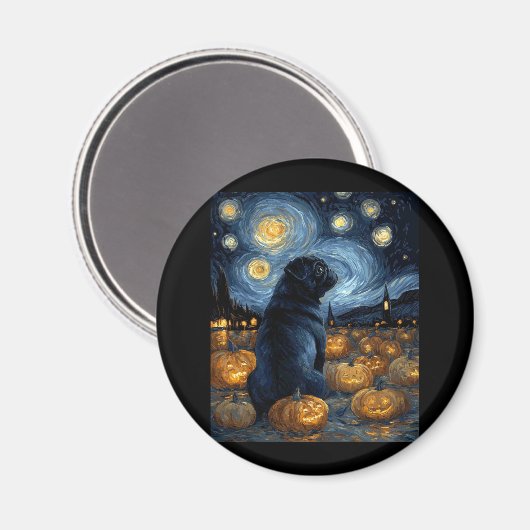 Zwarte Pug hond van gogh sterrennacht Halloween F Magneet (Voorkant / Achterkant)