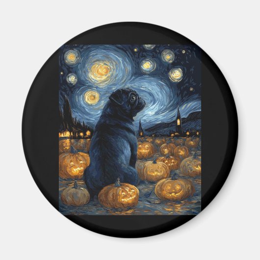 Zwarte Pug hond van gogh sterrennacht Halloween F Magneet (Voorkant)