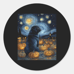 Zwarte Pug hond van gogh sterrennacht Halloween F Ronde Sticker