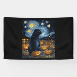 Zwarte Pug-hond van Gogh sterrennacht Halloween F Spandoek