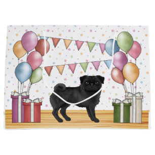 Zwarte Pug Honden Kleurrijke Pastel Verjaardagsbal Groot Cadeauzakje