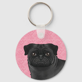 Zwarte Pug Hondenkop Close-Up Op Roze Liefdeshartj Sleutelhanger