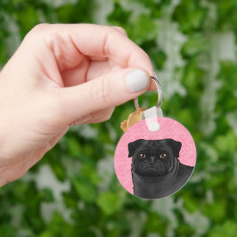 Zwarte Pug Hondenkop Close-Up Op Roze Liefdeshartj Sleutelhanger