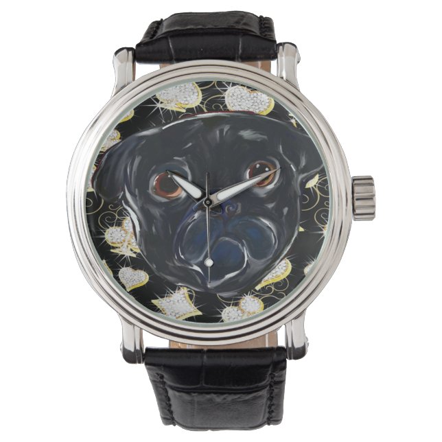 Zwarte Pug  Horloge (Voorkant)