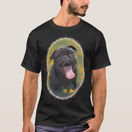 Zwarte Pug in een Lentige Weide T-shirt (Voorkant)