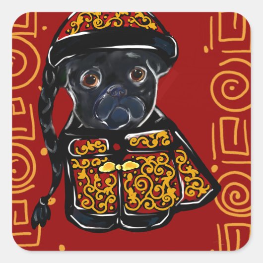 Zwarte Pug Jaar van de Hond Vierkante Sticker (Voorkant)