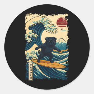 Zwarte Pug Japanse Kanagawa Golf Surfend Japan Moe Ronde Sticker