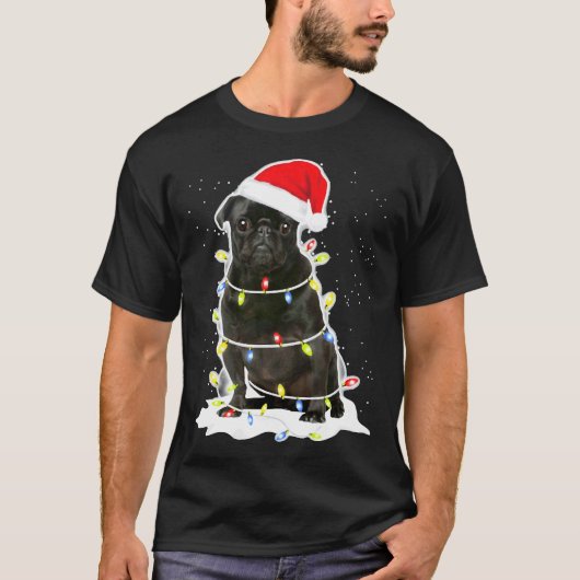 Zwarte Pug Kerst Licht 134 T-shirt (Voorkant)