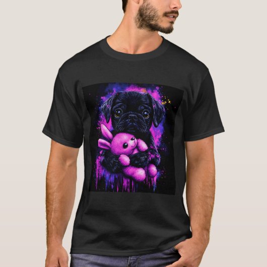 Zwarte Pug Knuffel Liefde T-shirt (Voorkant)