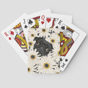 Zwarte Pug met Daisy Flowers Pokerkaarten