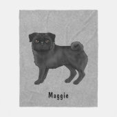Zwarte pug met eigen naam grijs fleece deken (Voorkant)