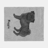 Zwarte pug met eigen naam grijs fleece deken (Voorkant (Horizontaal))