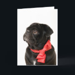 Zwarte pug met rode boog feestdagen kaart<br><div class="desc">Zwarte pug met rode boog</div>