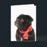 Zwarte pug met rode boog feestdagen kaart<br><div class="desc">Zwarte pug met rode boog</div>