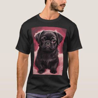 Zwarte pug op roze pluche kussen t-shirt