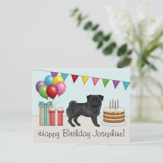 Zwarte Pug Schattige Cartoon Hond Kleurige Verjaar Briefkaart (Staand voorkant)