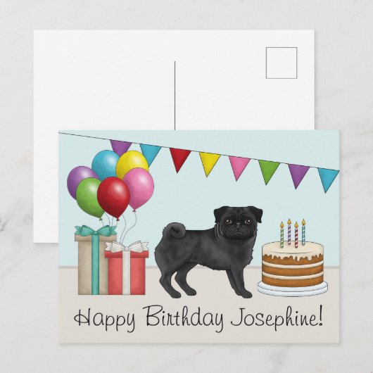 Zwarte Pug Schattige Cartoon Hond Kleurige Verjaar Briefkaart (Voorkant / Achterkant)