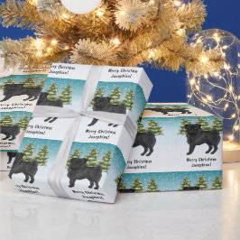 Zwarte Pug Schattige Cartoonhond Besneeuwd Winterb Cadeaupapier