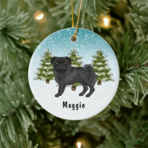Zwarte Pug Schattige Cartoonhond Besneeuwd Winterb