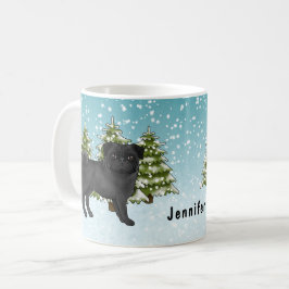 Zwarte Pug Schattige Cartoonhond Besneeuwd Winterb Koffiemok