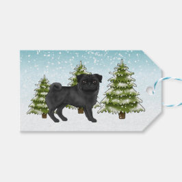Zwarte Pug Schattige Cartoonhond Besneeuwde Winter Cadeaulabel