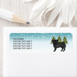Zwarte Pug Schattige Cartoonhond Besneeuwde Winter Etiket