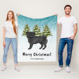 Zwarte Pug Schattige Cartoonhond Besneeuwde Winter Fleece Deken