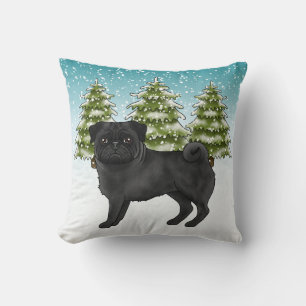 Zwarte Pug Schattige Cartoonhond Besneeuwde Winter Kussen