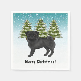 Zwarte Pug Schattige Cartoonhond Besneeuwde Winter Servet