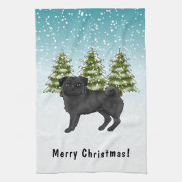 Zwarte Pug Schattige Cartoonhond Besneeuwde Winter Theedoek