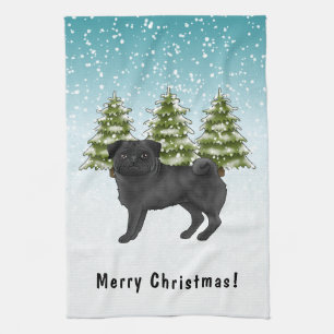 Zwarte Pug Schattige Cartoonhond Besneeuwde Winter Theedoek