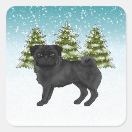 Zwarte Pug Schattige Cartoonhond Besneeuwde Winter Vierkante Sticker