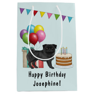 Zwarte Pug Schattige Cartoonhond Kleurrijke Gelukk Medium Cadeauzakje