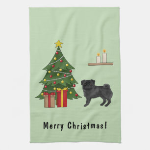Zwarte Pug Schattige Tekenfilm Hond Met Een Kerstb Theedoek