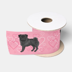 Zwarte Pugs Hond Cartoon Dweilen En Hartjes Patroo Satijnen Lint