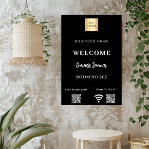 Zwarte QR-code bedrijfslogo seminar room wifi Poster
