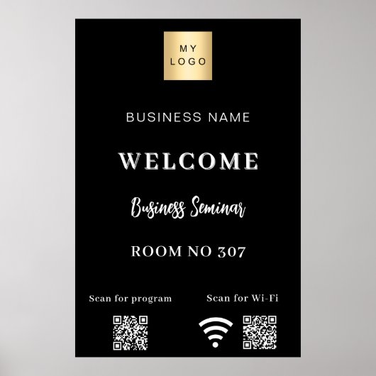 Zwarte QR-code bedrijfslogo seminarruimte wifi Poster (Voorkant)